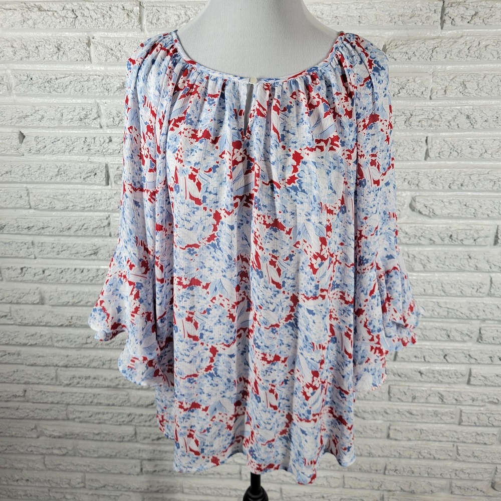 Chaps Boho Blue Red Floral Tunic Blouse Women Plus XL Bell Sleeve Keyhole Neck